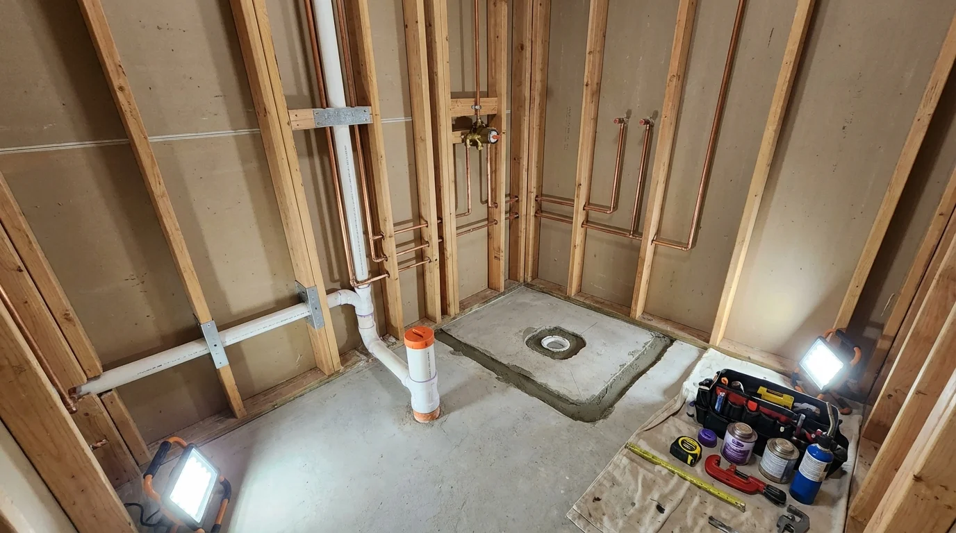 Bathroom rough-in plumbing during remodel by Johns Plumbing LLC in Greenwood Lake
