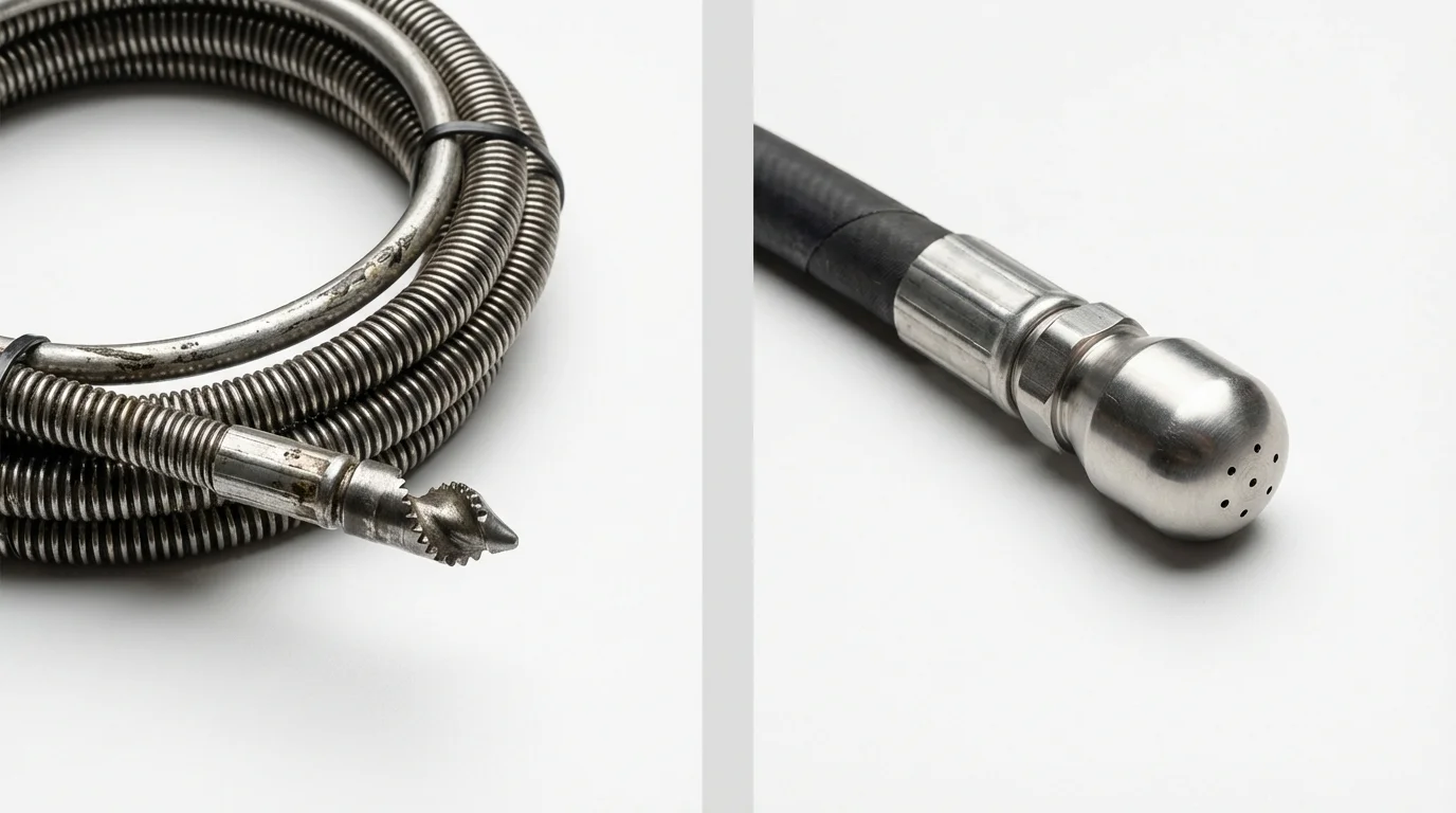 Drain snake cable and hydro jetting nozzle used for drain cleaning in Greenwood Lake, NY