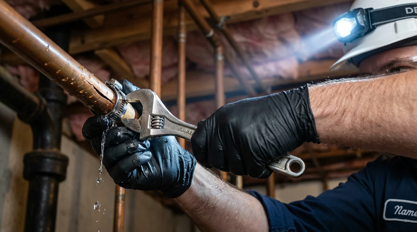 Emergency pipe clamp repair being performed by a Johns Plumbing LLC plumber in Greenwood Lake