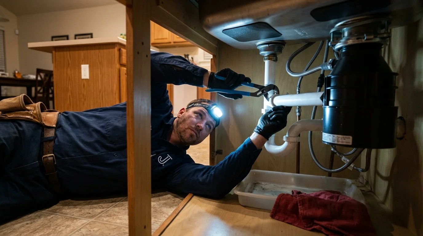 P-trap and supply line connections under a kitchen sink showing a common leak point in Greenwood Lake, NY